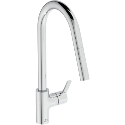 Imagen de Ideal Standard Gusto, mezclador monomando para fregadero de cocina, boca alta tubular con ducha giratoria y extraíble una función, cromado