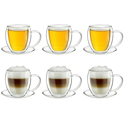 Imagen de Creano Conjunto de 6 Vasos Vidrio Térmico Extra Grande con Doble Pared, Vaso Mango XXL y Posavasos, 250ml