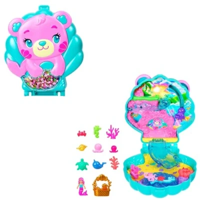 Imagen de Polly Pocket Isla Purpurina Estuche Conjunto de juego con muñecos, juguete viaje una muñequita sirena, mascotas del océano y accesorios temáticos, JCB16