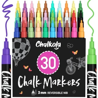 Imagen de Chalkola 30 Marcadores Pluma de vidrio ventana pizarra húmeda no tóxica Punta reversible balas y cinceles 3 mm