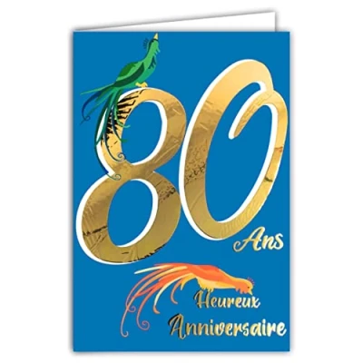 Imagen de Afie Tarjeta de cumpleaños 80 años oro dorado brillante en relieve con textura para hombre y mujer, texto colorido adecuado la edad el interior, sobre incluido, fabricada Francia,