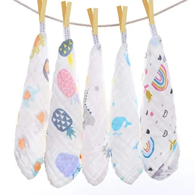 Imagen de Bebé Muselina Paños y Toallas De Baño, 5 Unidades Toallitas para Muselina, 100% Naturales Algodón Extra Suave Transpirable Toalla Cara Recién Nacido Pieles Sensibles, 25 x cm
