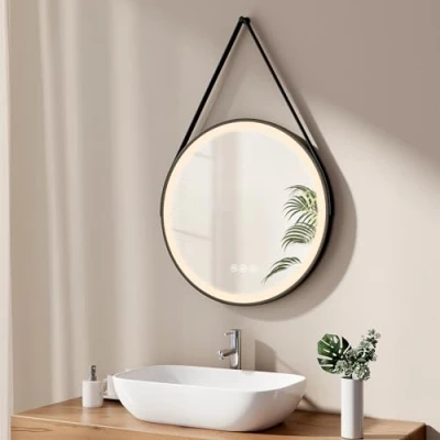 Imagen de EMKE Espejo de baño Redondo 60 cm, con Interruptor táctil y función antivaho, 3 Colores luz Variable, Marco Negro Correa Ajustable