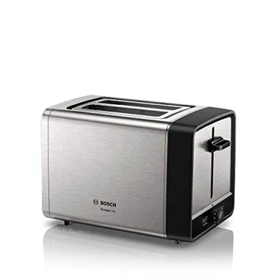 Imagen de Bosch DesignLine TAT5P420DE Tostadora compacta de acero inoxidable, con función descongelación automática, perfecta para 2 rebanadas tostadas, elevadora, ancha, 970 W, inoxidable