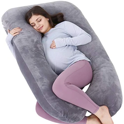 Imagen de AS AWESLING Almohada de Embarazo, Cuerpo Completo en Forma U, Lactancia, Apoyo y Maternidad para Mujeres Embarazadas con Funda Terciopelo extraíble (Gris)
