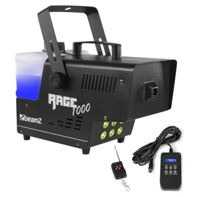 Imagen de BeamZ Rage 1000LED Máquina de humo 1000W, depósito 2 L, control remoto inalámbrico y con cable 3m, caudal 125 m3/min humo, tiempo calentamiento 4 minutos, 6 leds RGB 9W