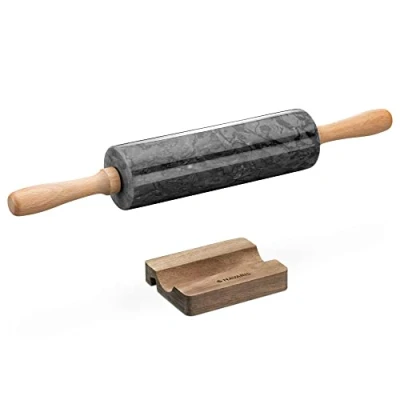 Imagen de Navaris Rodillo de mármol cocina Set 1x amasador para repostería con asas madera y soporte recetas en smartphone o tablet Negro