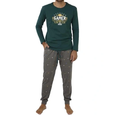 Imagen de FM Pijama Hombre Invierno Conjunto de 2 Piezas en Algodón con Camiseta Manga Larga y Pantalón para Primavera Otoño