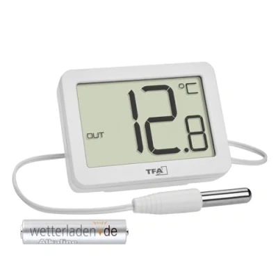 Imagen de TFA Dostmann Termómetro digital para interiores y exteriores, 30.1066, incluye sensor de temperatura impermeable, valores máximos mínimos, con imán/soporte, color blanco pila