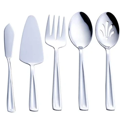 Imagen de GoGeiLi Juego de 5 Utensilios Acero Inoxidable para Servir azafatas, Incluye Servidor Tartas, Cuchara Servir, Ranurada Tenedor y Cuchillo Esparcidor