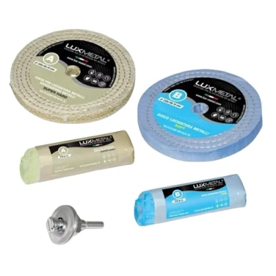 Imagen de Lux Metal Kit de pulido 2 pastas abrasivas 250 g discos 150 mm algodón, para pulir metales acero inoxidable aluminio, rueda cobre y latón cromado