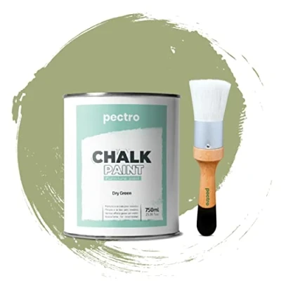 Imagen de PECTRO Pintura a la Tiza para Muebles 750ml + Brocha de Madera especial Pack sin lijar Chalk Paint Efecto Colores (Verde Seco)
