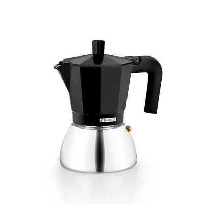 Imagen de Monix Induction Inox Cafetera Italiana de Aluminio y Acero Inoxidable, 9 tazas capacidad, Mango termorresistente, Fácil Lavar, Apta para todo tipo Cocinas incluida Inducción, color negro