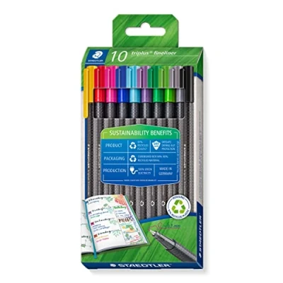 Imagen de Staedtler rotuladores triangulares Triplus, de plástico reciclado, punta superfina 0,3 mm, larga vida útil, 10 colores surtidos en estuche cartón, 334 RC10