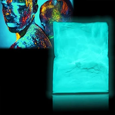 Imagen de Polvo fluorescente, 100 g pigmentos luminiscentes profesionales Color fosforescente Fotoluminiscencia No tóxica Aluminio Estroncio Luces de neón Noches en oscuros(Blue Green)
