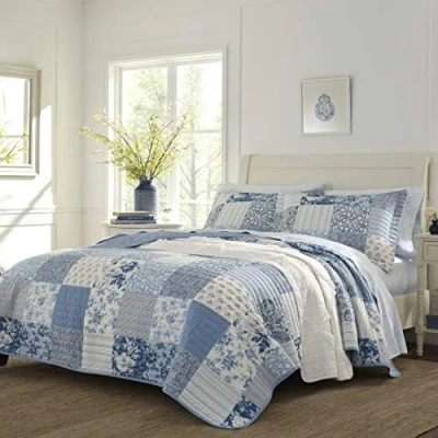 Imagen de Laura Ashley Juego de edredón 100, Reversible, Ligero y Transpirable, Prelavado para Mayor suavidad, algodón, Azul, Individual