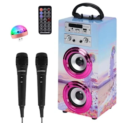 Imagen de Máquina de Karaoke Portátil DYNASONIC, Altavoz con 2 Micrófonos, Bluetooth, Luz USB incluida, Lector y SD, diseño Exclusivo, Regalo Original (025 17 luz)