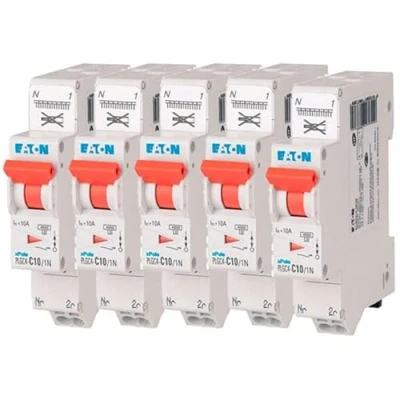 Imagen de EATON 109128 PLGC4 C10/1N Disyuntor modular PH/N Blanco Mando naranja 1P+N/10 A Curva C Conexión directa sin tornillos 5 disyuntores