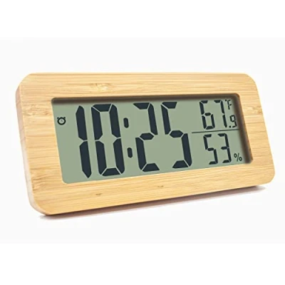 Imagen de reloj de mesita noche, despertador con pilas, digital indicador temperatura y humedad, mini madera LED sin tictac, para estudio oficina