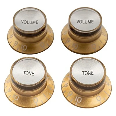 Imagen de Musiclily Pro Tamaño Métrico 18 Splines Botones de Potenciómetros Reflector 2 Volumen Tono Perillas Set para Asia Import Guitarra o Bajo Split Shaft Pots, Oro con Plata Top