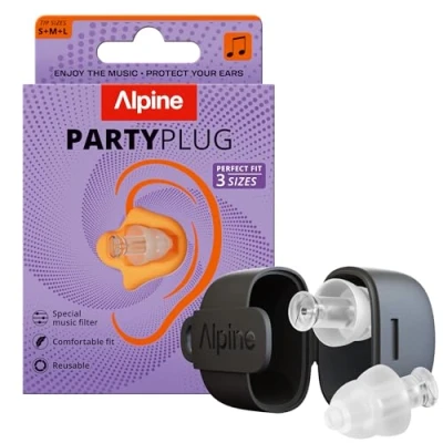 Imagen de Alpine PartyPlug Tapones Oídos para Conciertos 19dB Protección Auditiva Esencial Festivales, Reutilizables Música &amp; Raves, 3 Tamaños (S/M/L), Transparente