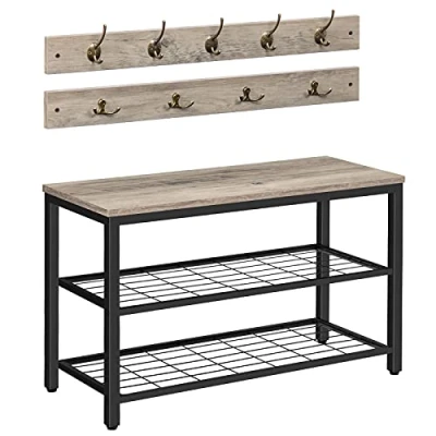 Imagen de HOOBRO Zapatero y Perchero Conjuntos, Banco Zapatero, de Pared con 9 Ganchos, para Ropa, Bolsos, Sombreros, Entrada, Recibidor, Estilo Industrial, Fácil Montaje EBG07MT01
