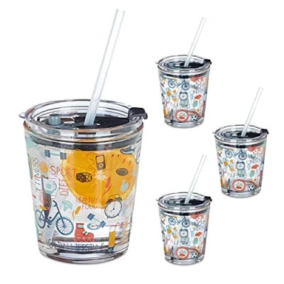 Imagen de Relaxdays Vasos con Tapa y Pajita, Set de 4, Deportivo, 350 ml, Transparente, Cristal, Batidos, Smoothies, Transparente
