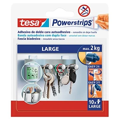 Imagen de tesa Powerstrips Grande, Tiras Adhesivas Doble Cara adecuadoes Para Superficies Planas y Lisas, Objetos de hasta 2 kg, Paquete con 10