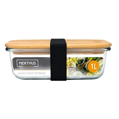 Imagen de NERTHUS Recipiente hermético Cristal Tapa bambú 1000 ml, Borosilicato