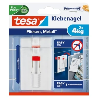 Imagen de tesa 77767 00001 00 Smart Mounting System Removíbles para Azulejo SMS Clavo Adhesivo Ajustable hasta 3KgAzulejos, Blanco, Set de 2 Piezas