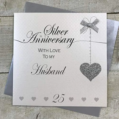 Imagen de WHITE COTTON CARDS LLA25H Tarjeta de felicitación para 25 aniversario boda, hecha a mano, color blanco, gris y negro, 16 cm x