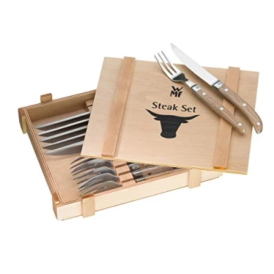 Imagen de WMF Steack Ranch Cubertería para Carne, 6 Cuchillos y Tenedores de Acero Inoxidable Mango Madera