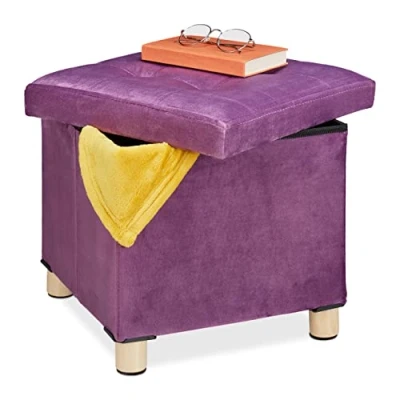 Imagen de Relaxdays Taburete de Terciopelo, Tapa con Bandeja, Patas Madera, Reposapiés Cuadrado, 35x38x38 cm, Malva, Tablero Fibras, 35 x 38 cm