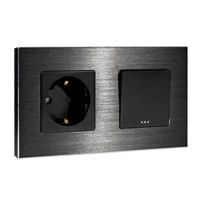 Imagen de Navaris Enchufe de pared con interruptor Cubierta aluminio 15.5 x 8.5 4 CM para empotrar Placa empotrable enchufes Schuko tipo F Negro