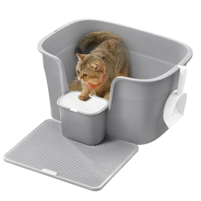Imagen de Feandrea Caja de Arena para Gatos, Arenero Extra Grande con Laterales Ocultos, Incluye Tabla Recogedora Arena, Almacenamiento, Pala, Gatos Grandes, Gris Paloma PPT003G01
