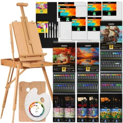 Imagen de VISWIN juego de pintura artista todo en uno, kit profesional 147 piezas con caballete francés, al óleo, acuarela y acrílico, lienzo, pincel, paleta,