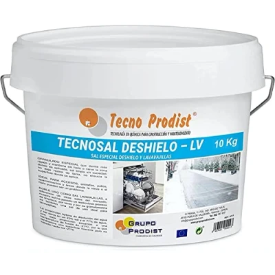 Imagen de TECNOSAL DESHIELO (10 Kg) Sal especial para derretir hielo y nieve en invierno, descongelación ideal caminos, entradas, aparcamientos o carreteras, doble uso, Lavavajillas, cubo