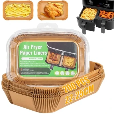 Imagen de Owelth 22 25cm Papel Freidora Aire Dual Zone, 200 Piezas Air Fryer Rectangular, Antiadherente Desechable Horno sin Aceite, Compatible con Cecotec Ninja 7,6L 9,5L