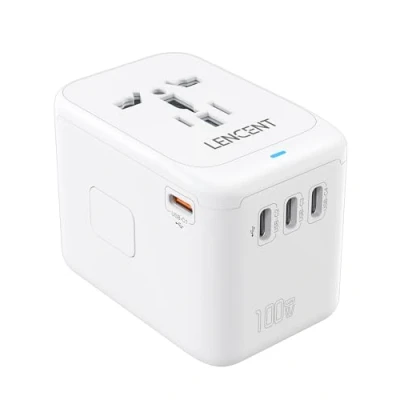 Imagen de LENCENT Adaptador de Viaje Internacional GAN 100W, Universal con 1 USB A &amp; 4 C Carga Rápida, Enchufe para Móvil, Portátil, Tipo A/C/G/I (EE.UU./UK/EU/AUS), Blanco