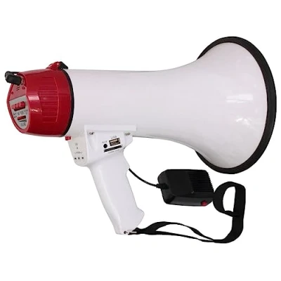 Imagen de LTC MEGA35USB Megáfono recargable de 35 W con micrófono extraíble, sirena, control USB, SD, AUX, MP3, asa y grabación mensajes Blanco rojo