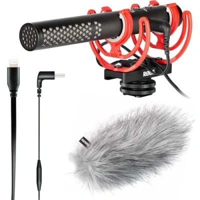 Imagen de Rode Videomic NTG Micrófono para cámara de vídeo (incluye cable conexión SC15 USB C a Light ning y cortavientos pelaje Keepdrum)