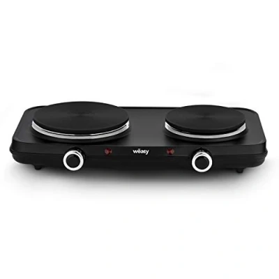 Imagen de Wëasy PLW225 Placa Eléctrica Portátil con 2 Fuegos, 2250 W, Tempertaturas Regulables, Diámetro 15 Cm y 18 Cm, Ideal para Uso En Casa o Camping, Aluminio