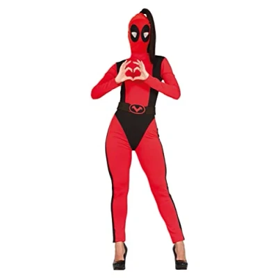 Imagen de FIESTAS GUIRCA Disfraz de Super Antiheroína Mono Rojo Negro con Cinturón y Capucha para Mujer Adulta Talla M 38 40