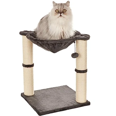 Imagen de Amazon Basics Torre en árbol con cerramiento, hamaca, cama y poste rascador para gatos, 40,6x50,8x40,6 cm, gris