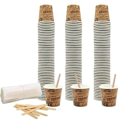 Imagen de COFFISANO Juego de 150 vasos café 75 ml papel marrones + paletas madera; y desechables reciclables, para restaurantes, oficinas, llevar, bares, expreso
