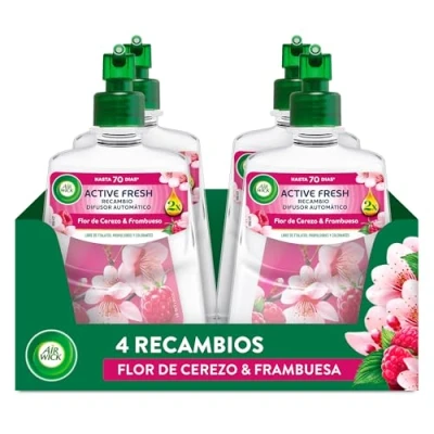 Imagen de Air Wick Active Fresh Spray Automatico Sin Aerosol Ambientador para casa con aroma a Flor de Cerezo &amp; Frambuesa Pack 4 Recambios (228mlx4)
