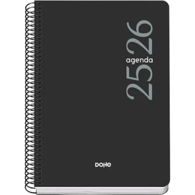 Imagen de Dohe Agenda Escolar 2025 2026 Semana Vista, Tamaño A5 (15x21 cm), Español e Inglés, Septiembre a Junio, Cierre de Espiral, Tapa Flexible ESENCIAL Negro