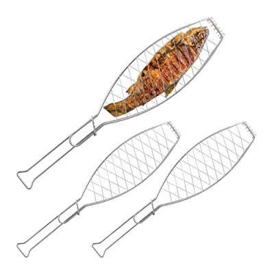Imagen de Relaxdays Set 3 Parrillas Pescado, Acero Inoxidable, Mango Goma, 54 cm Largo, Parrillera BBQ, Brasas Espetos, Plateado