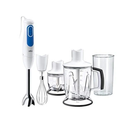 Imagen de Braun Hogar Batidora de mano, pié metálico, 2 velocidades, campana antisalpicaduras, accesorios, minipicadora 350 ml, Blanco Y Azul, 700 W