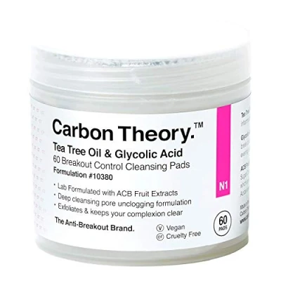 Imagen de Carbon Theory almohadillas de limpieza con aceite árbol té y ácido glicólico exfoliante para control ruptura Natural, vegano libre crueldad 60